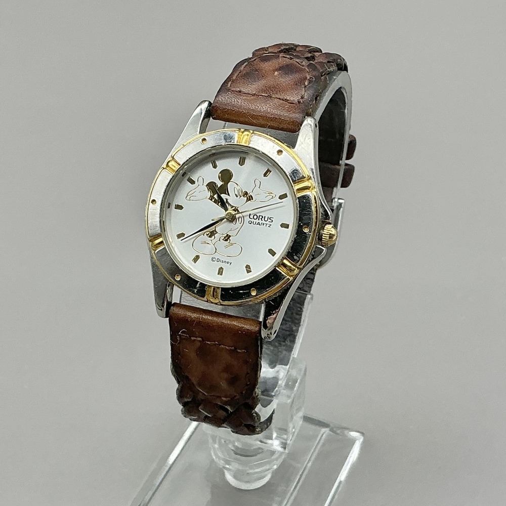 Vintage Lorus Womens Watch White Dial Brown Braided Leather Mickey Mouse Quartz